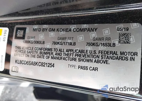 2019 Chevrolet Spark 1Lt Cvt from USA, damaged, VIN KL8CD6SA8KC821254